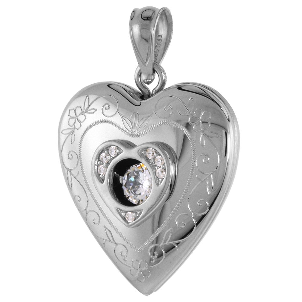 3/4 inch Round Sterling Silver Cubic Zirconia Dancing Diamond Heart Locket Pendant for Women Scroll Etching 3/4 inch NO CHAIN