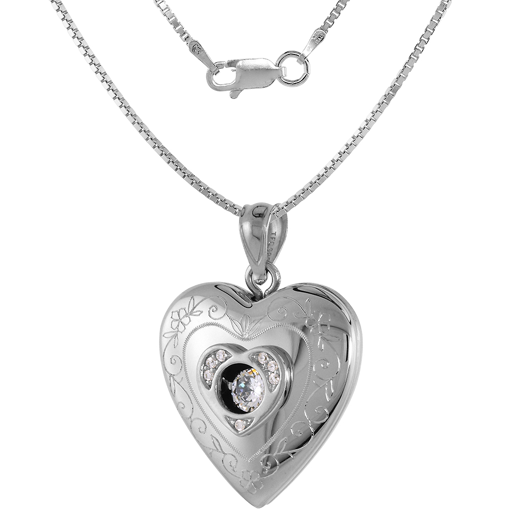3/4 inch Sterling Silver Cubic Zirconia Dancing Diamond Heart Locket Necklace for Women Scroll Etching