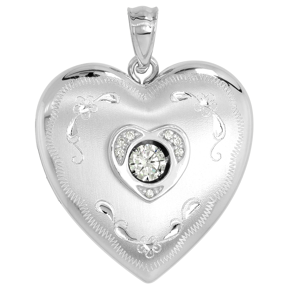 1 INCH STERLING SILVER CUBIC ZIRCONIA DANCING DIAMOND HEART LOCKET PENDANT FOR WOMEN FLORAL ETCHING NO CHAIN