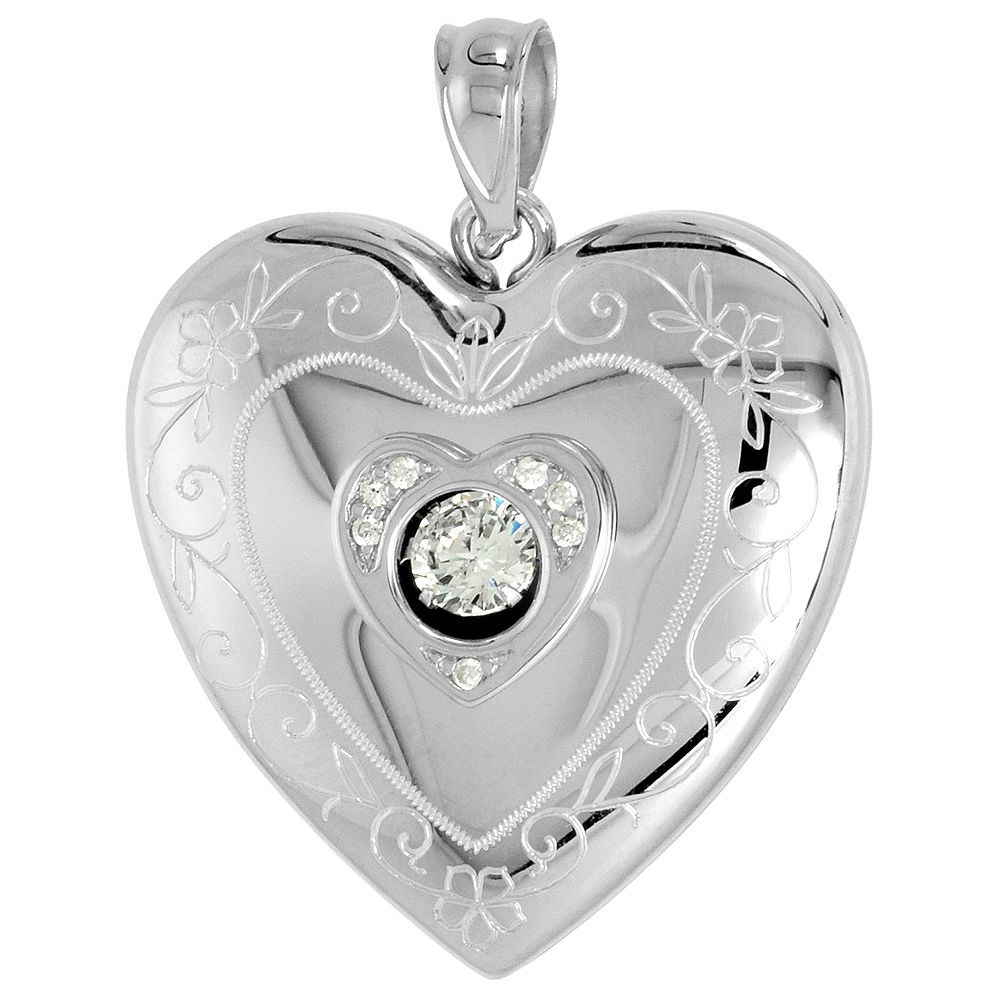 1 inch Sterling Silver Cubic Zirconia Dancing Diamond Heart Locket Pendant for Women Scroll Etching NO CHAIN