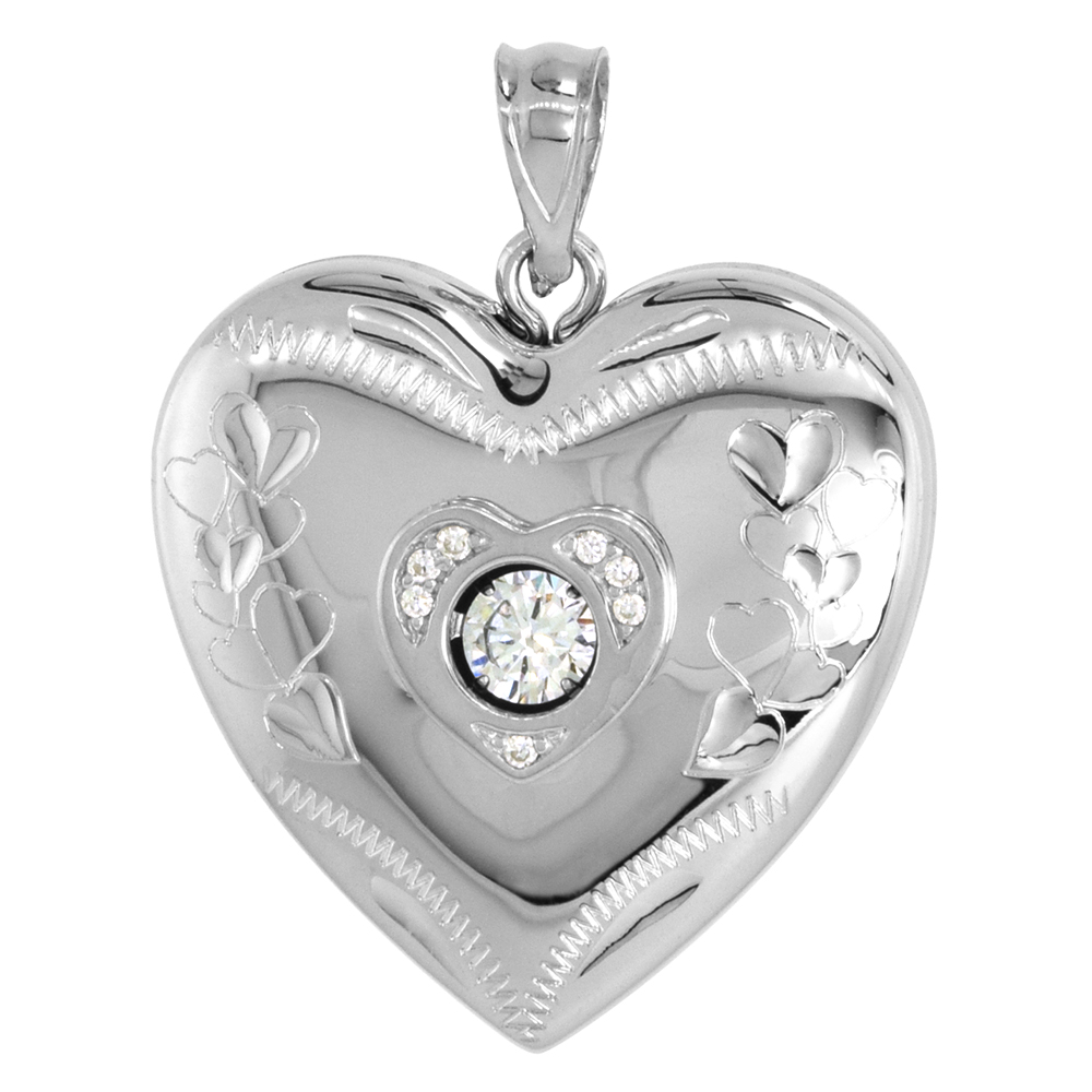 1 INCH STERLING SILVER CUBIC ZIRCONIA DANCING DIAMOND HEART LOCKET PENDANT FOR WOMEN HEARTS ETCHING NO CHAIN