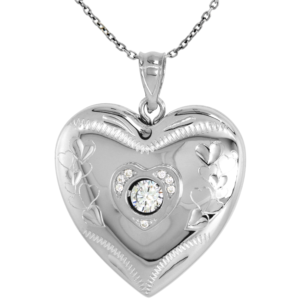 1 inch Sterling Silver Cubic Zirconia Dancing Diamond Heart Locket Necklace for Women Hearts Etching