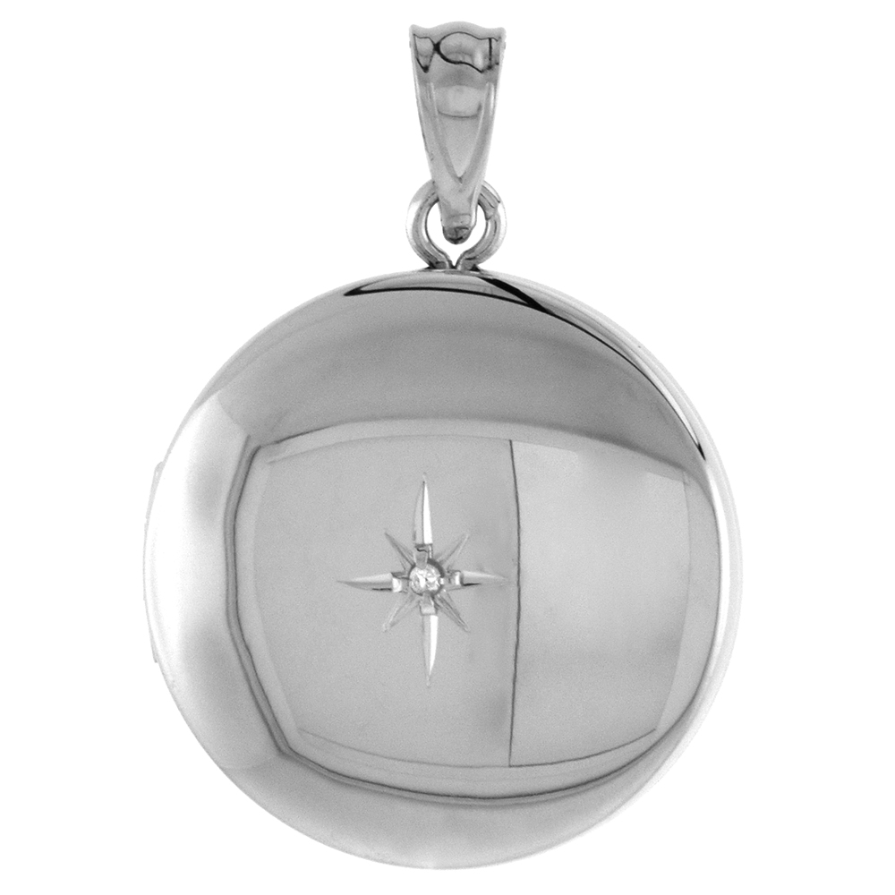 3/4 INCH ROUND STERLING SILVER DIAMOND LOCKET PENDANT FOR WOMEN STARBURST SET POLISHED FINISH, NO CHAIN