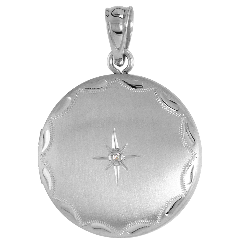 3/4 INCH ROUND STERLING SILVER DIAMOND LOCKET PENDANT FOR WOMEN STARBURST SET ENGRAVED RIM, NO CHAIN