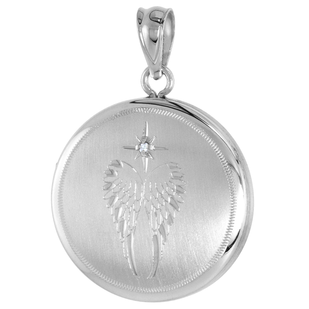 3/4 INCH ROUND STERLING SILVER DIAMOND ANGEL WINGS LOCKET NECKLACE FOR WOMEN 16-18 INCH