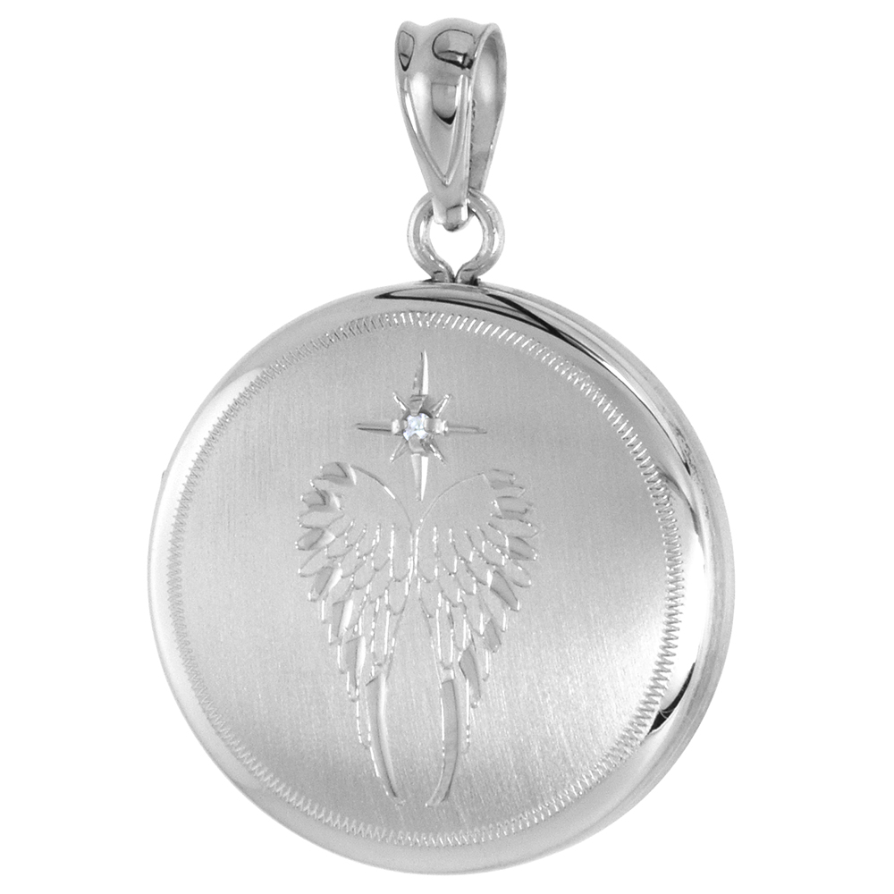 3/4 inch Round Sterling Silver Diamond Angel Wings Locket Necklace for Women 16-18 inch