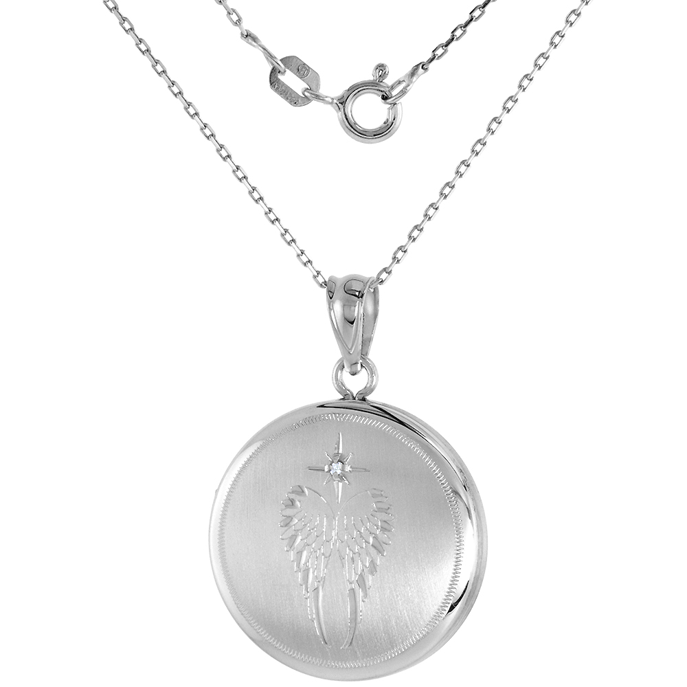 3/4 inch Round Sterling Silver Diamond Angel Wings Locket Necklace for Women 16-18 inch