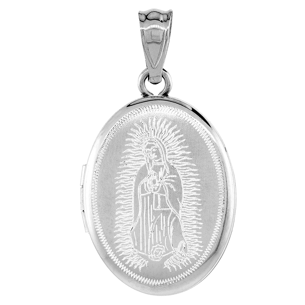 SMALL STERLING SILVER OVAL GUADALUPE LOCKET PENDANT FOR WOMEN 5/8 INCH NO CHAIN