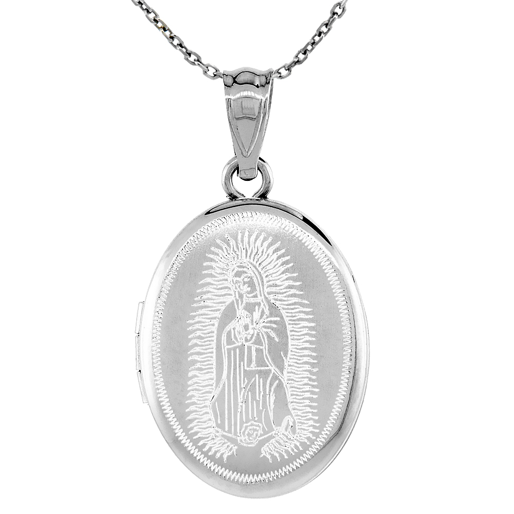 Small Sterling Silver Oval Guadalupe Locket Necklace 5/8 inch