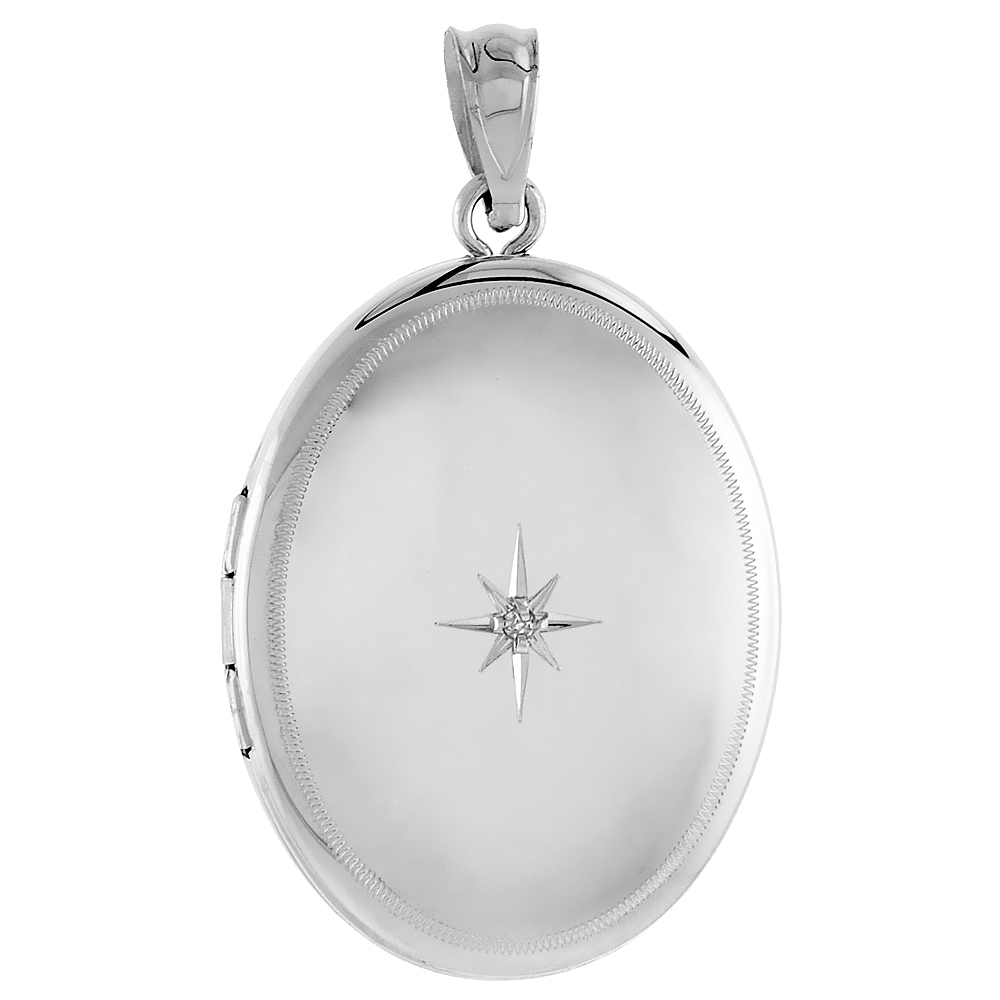 Sterling Silver Diamond Oval Locket Necklace Starburst Set Etched Border 1 1/32 inch