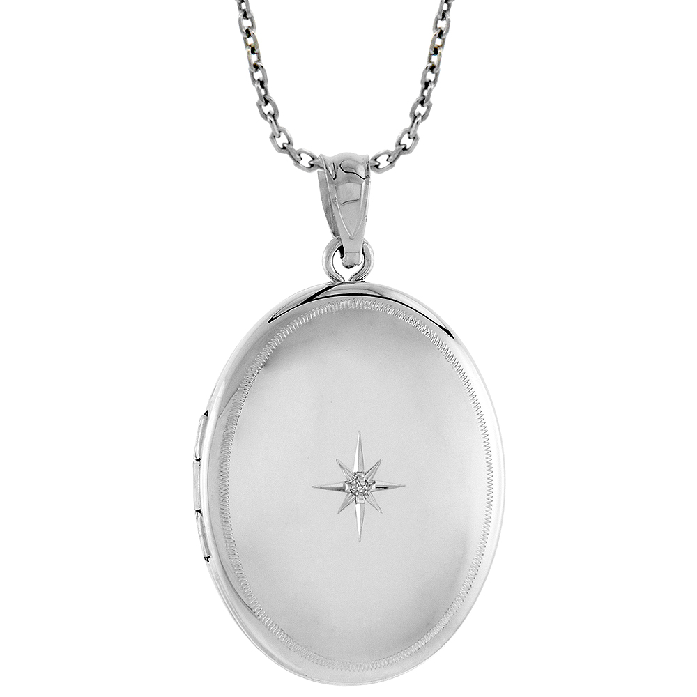 Sterling Silver Diamond Oval Locket Necklace Starburst Set Etched Border 1 1/32 inch