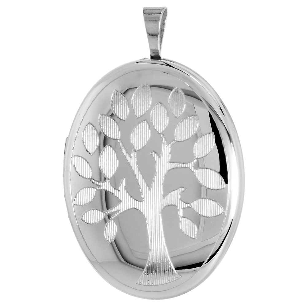 STERLING SILVER FAMILY TREE OVAL LOCKET PENDANT FOR WOMEN 1 1/32 INCH NO CHAIN