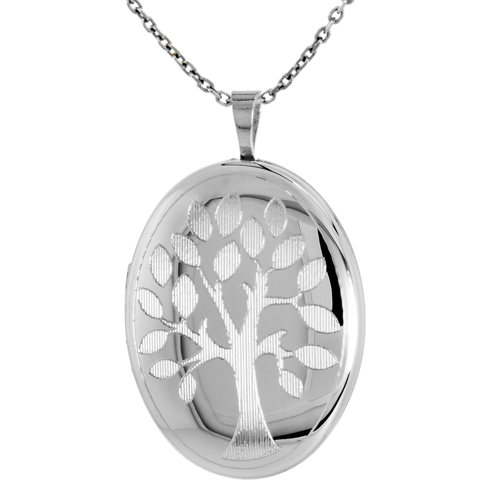 Sterling Silver Family Tree Oval Locket Necklace 1 1/32 inch