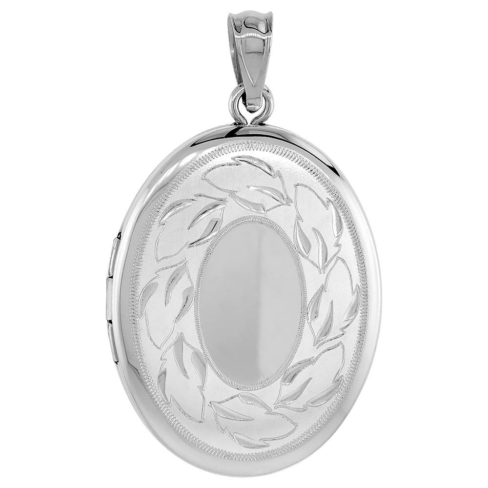 STERLING SILVER OVAL LOCKET PENDANT FOR WOMEN OAK LEAVES MOTIF ENGRAVEABLE CENTER 1 1/32 INCH NO CHAIN