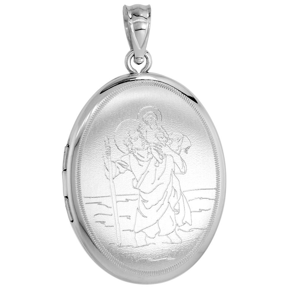 STERLING SILVER ST CHRISTOPHER LOCKET PENDANT FOR WOMEN OVAL SHAPE 1 1/32 INCH NO CHAIN