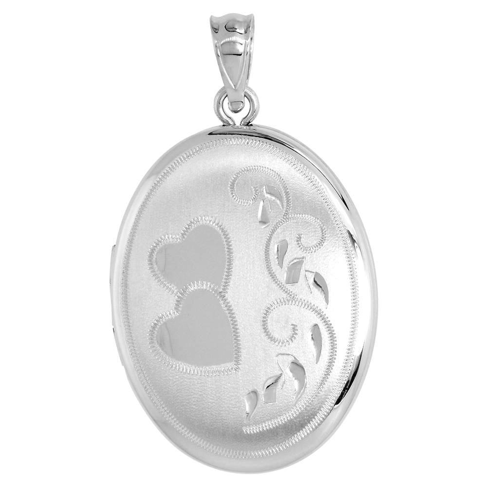 STERLING SILVER LOCKET PENDANT FOR WOMEN OVAL SCROLL HEARTS & SCROLL MOTIF 1 1/32 INCH NO CHAIN