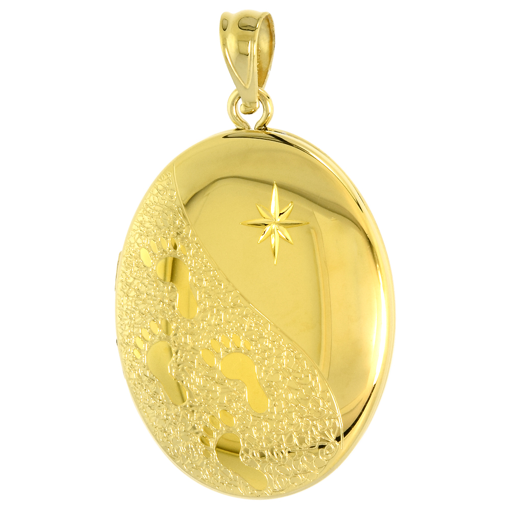 GOLD PLATED STERLING SILVER FOOTPRINTS LOCKET PENDANT OVAL STAR ABOVE 1 INCH (26MM) TALL NO CHAIN