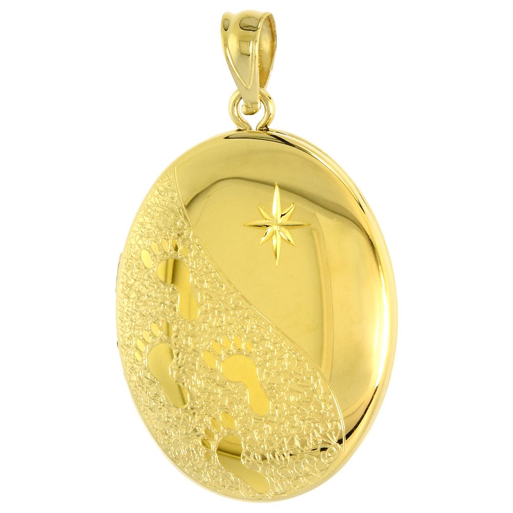 Gold plated Sterling Silver Footprints Locket Necklace Oval Star Above 1 inch (26mm) tall
