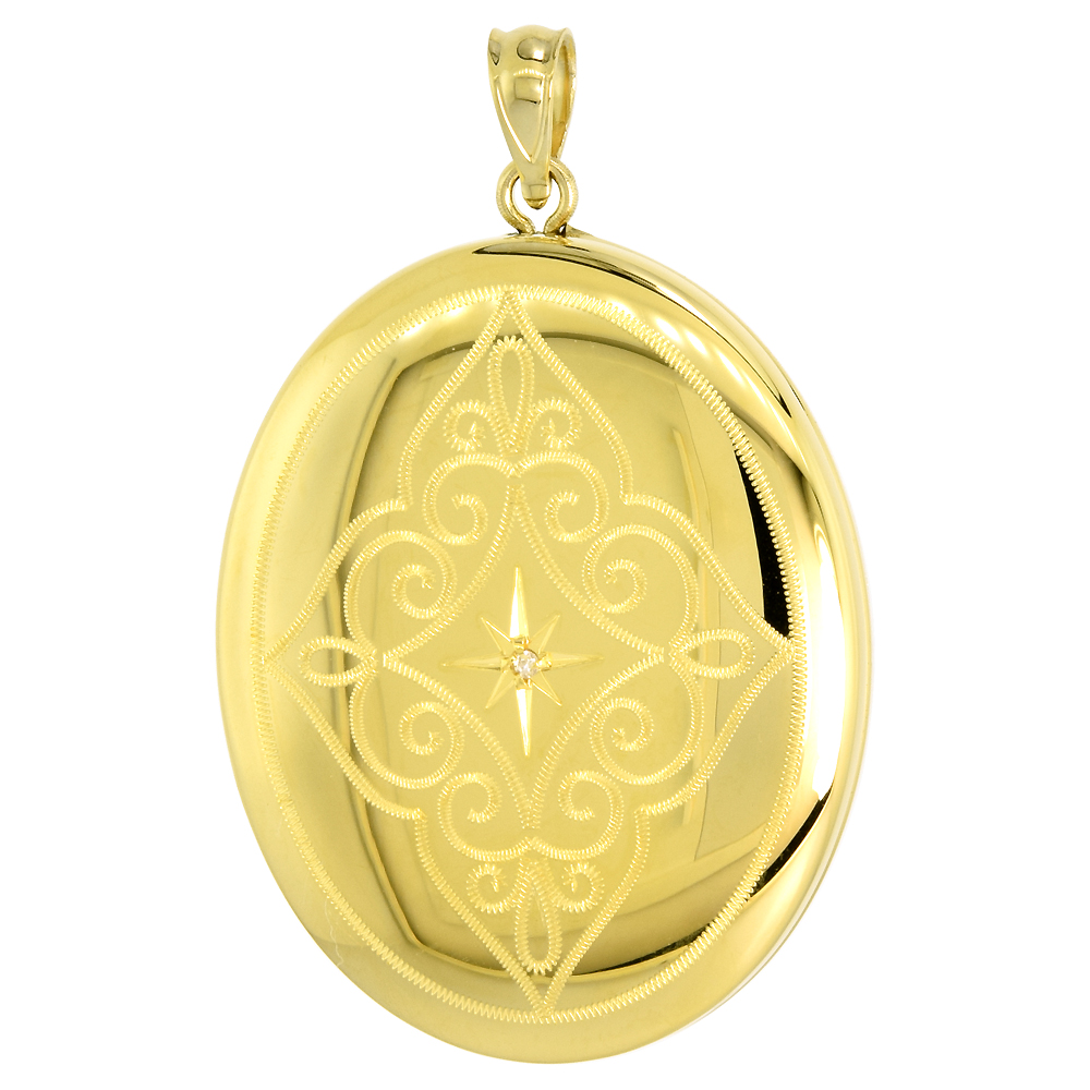 LARGE OVAL GOLD PLATED STERLING SILVER DIAMOND LOCKET PENDANT FOR WOMEN ETCHED SCROLLWORK 1 3/8 INCH NO CHAIN