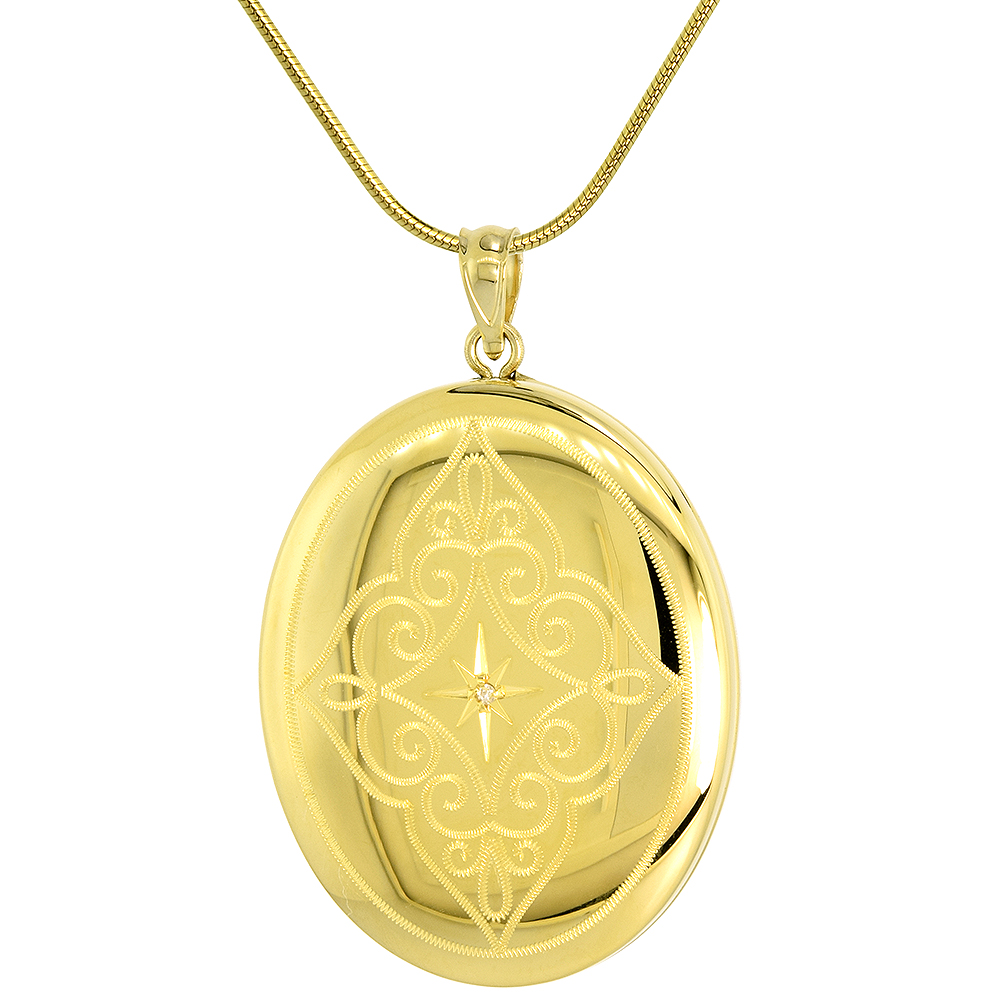 Large Oval Gold plated Sterling Silver Diamond Locket Necklace Etched Scrollwork 1 3/8 inch