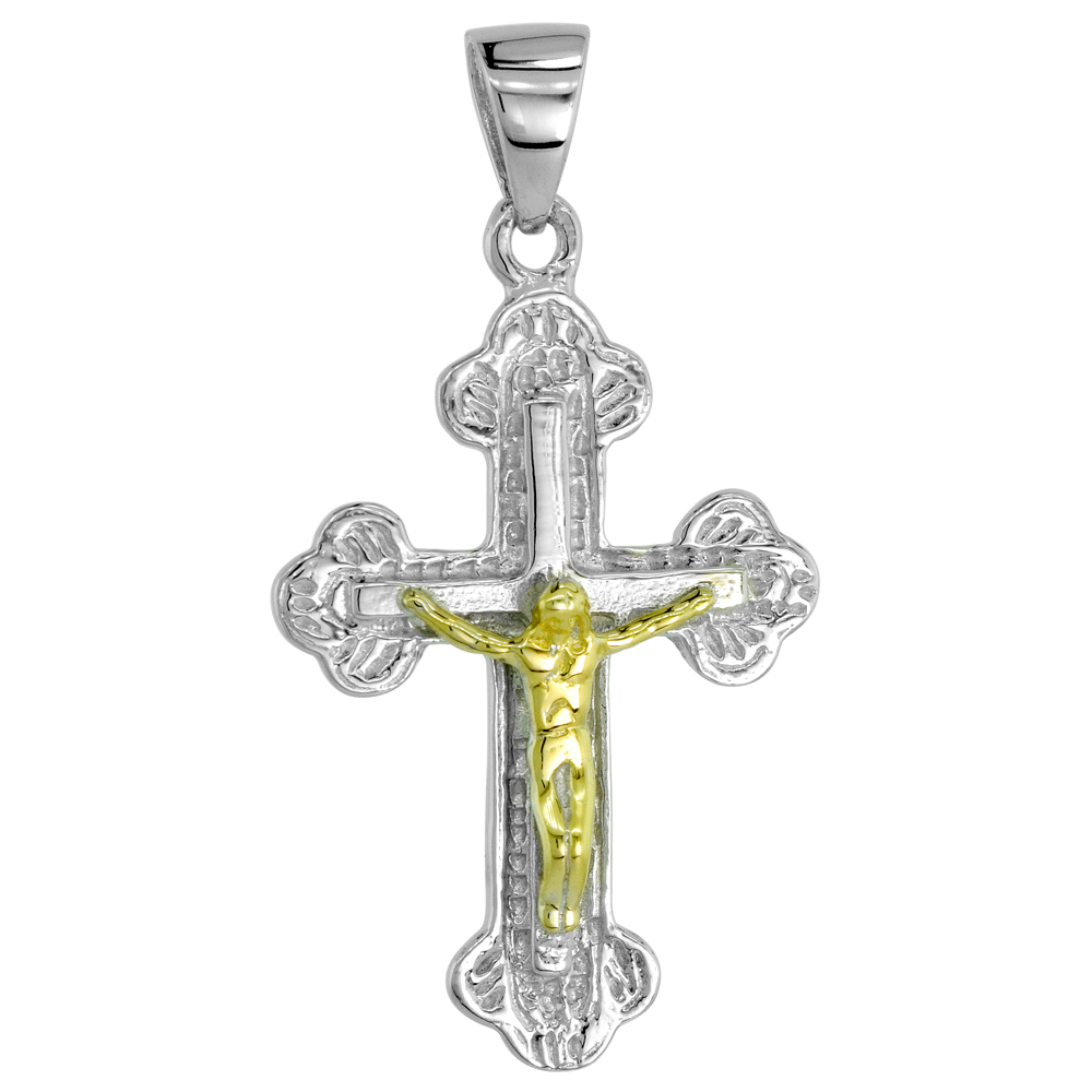 Sterling Silver Crucifix Pendant Two-tone, 1 3/16 inch long