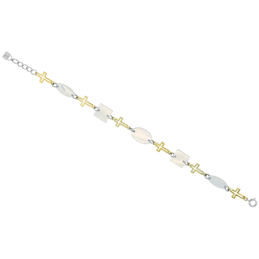 Sterling Silver Gold Plated Cross & Oval and Square Mother of Pearl Bracelet, 7 inch long