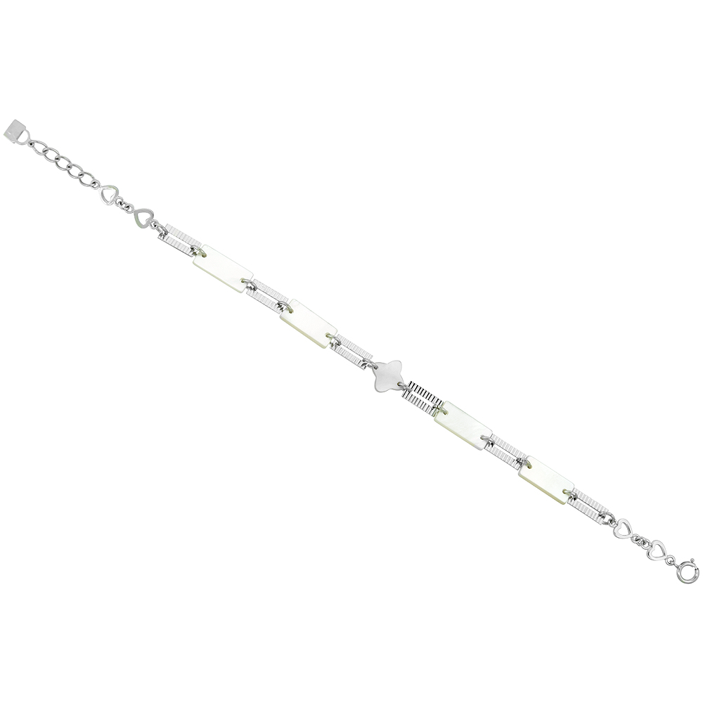 Sterling Silver Rectangular & Flower Mother of Pearl Bracelet with Teeny Hearts, 7 inch long + 0.5 inch extension