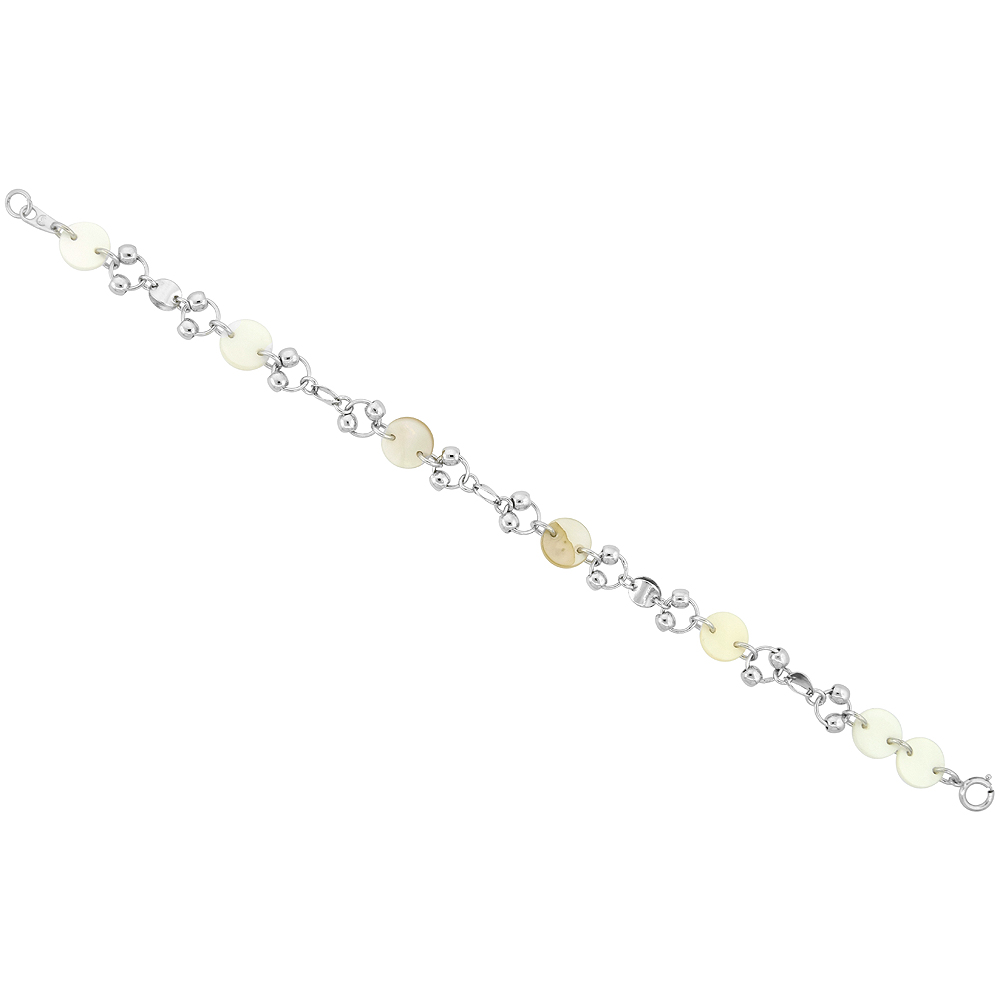 Sterling Silver Round White Shell Bracelet, 7 inch long