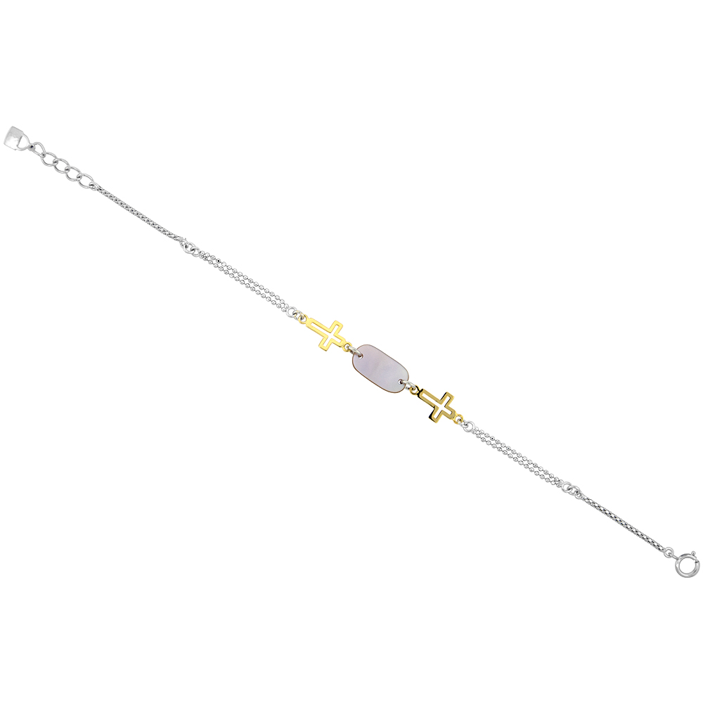 Sterling Silver Gold Plated Cross & Oval Mother of Pearl Bracelet, 7 inch long + 0.5 inch extension