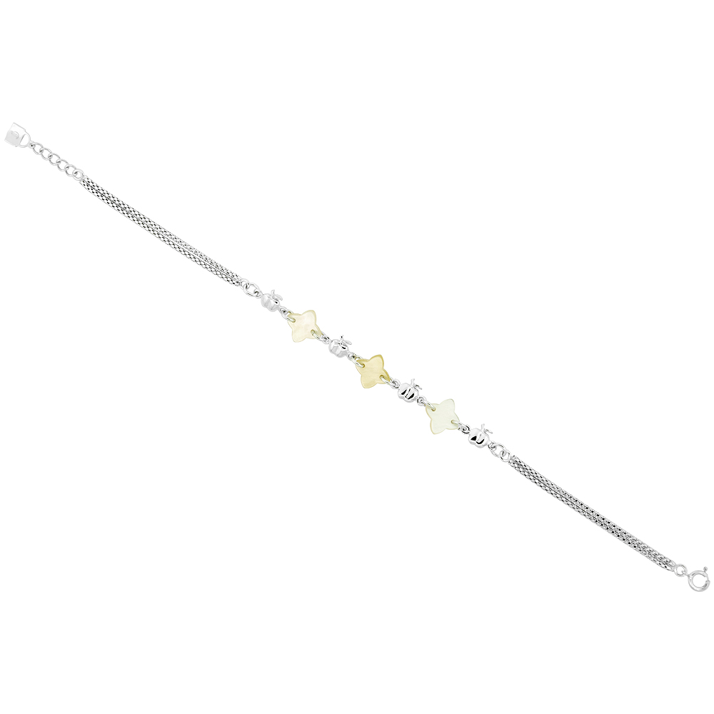 Sterling Silver Flower Mother of Pearl Double Strand Bracelet with Teeny Apples, 7 inch long + 0.5 inch extension
