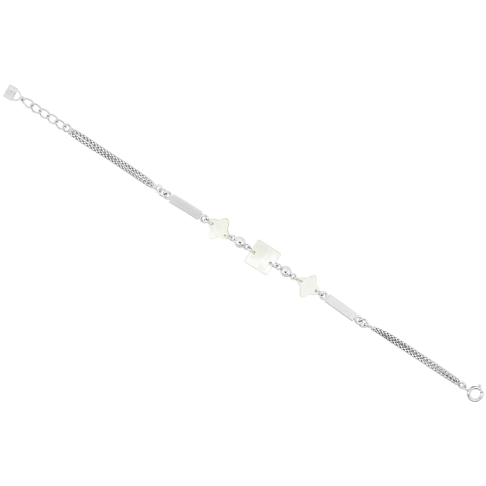 Sterling Silver Square & Flower Mother of Pearl Double Strand Bracelet with Balls, 7.5 inch long + 0.5 inch extension