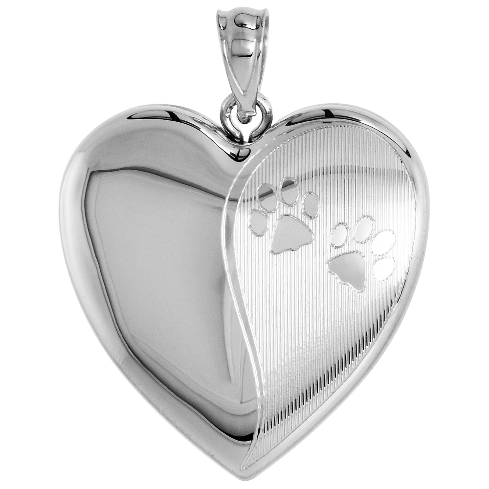 Sterling Silver Heart Locket / Urn Pendant for Women 1 Picture Paw Prints 1 inch NO CHAIN