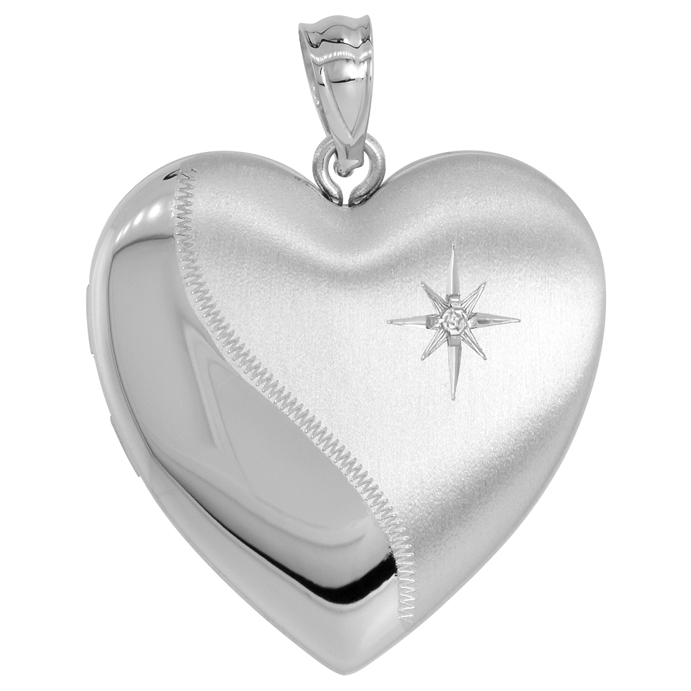 STERLING SILVER DIAMOND HEART LOCKET / URN PENDANT FOR WOMEN 1 PICTURE 1 INCH NO CHAIN (NO CHAIN)