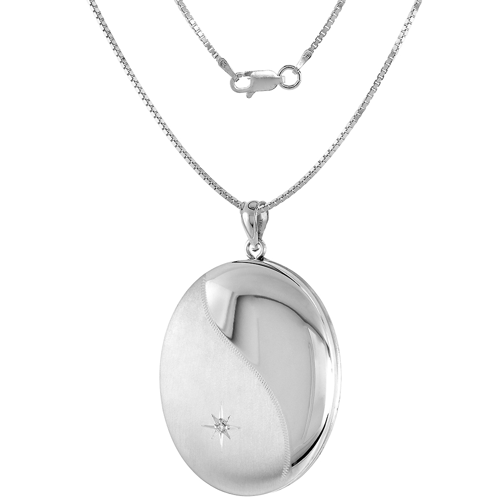 1 3/8 INCH LARGE STERLING SILVER DIAMOND OVAL LOCKET / URN NECKLACE 1 PICTURE, 18-24 INCH