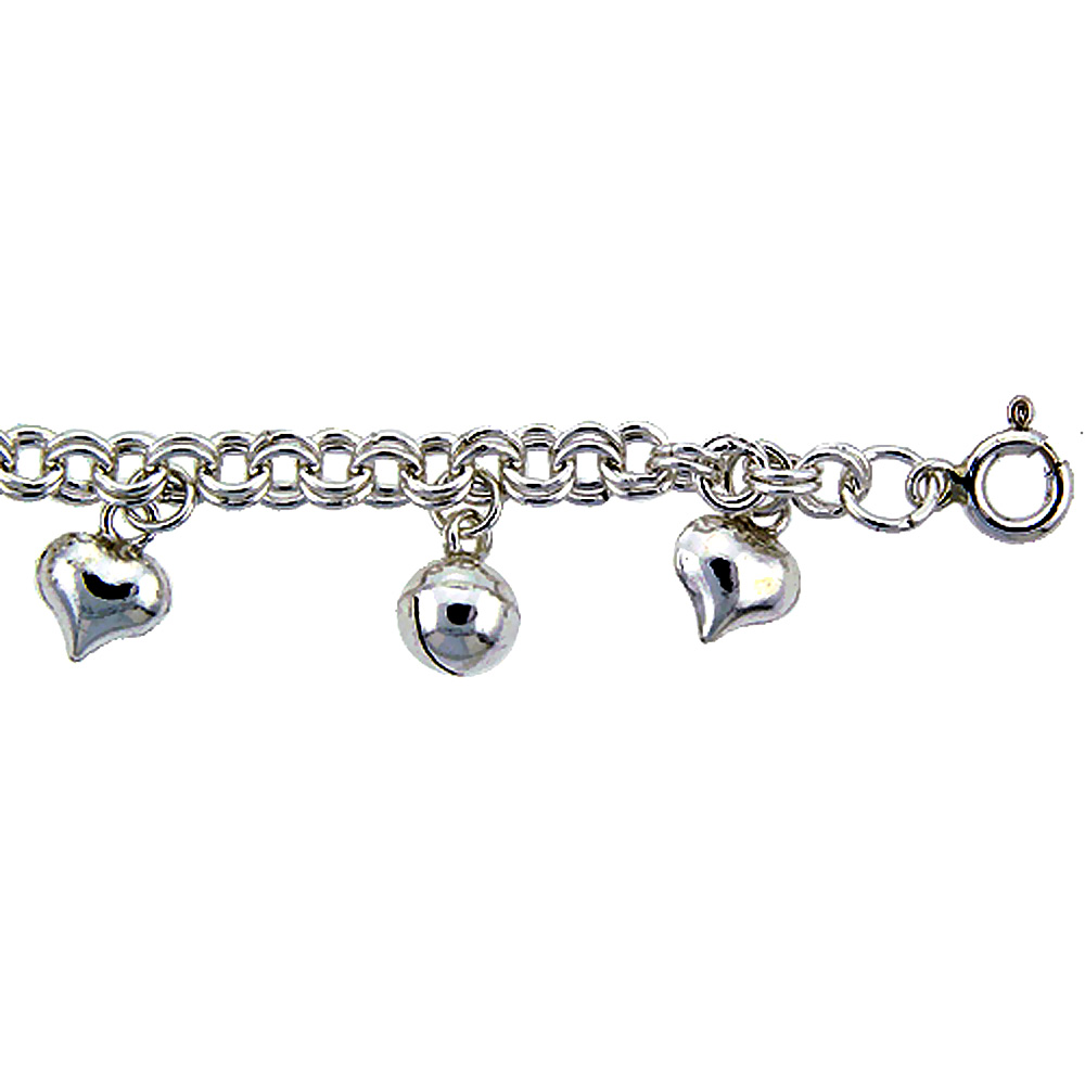Sterling Silver Anklet with Hearts and Bells, fits 9 - 10 inch ankles