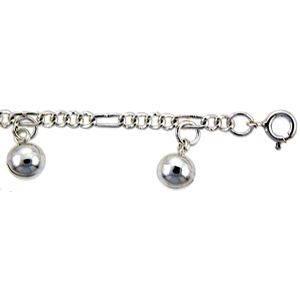 Sterling Silver Figaro Anklet with Bells, fits 9 - 10 inch ankles
