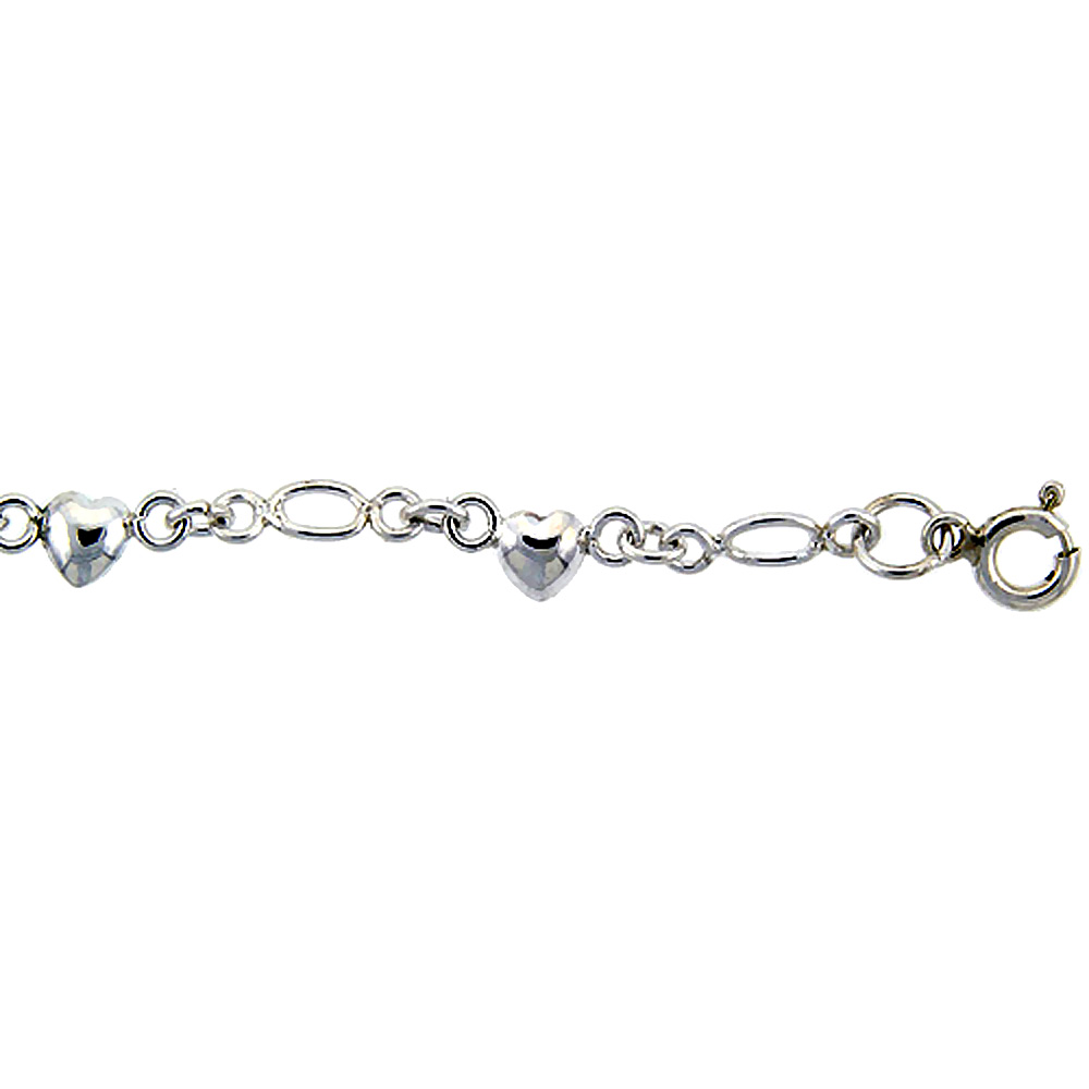 Sterling Silver Anklet with Hearts, fits 9 - 10 inch ankles