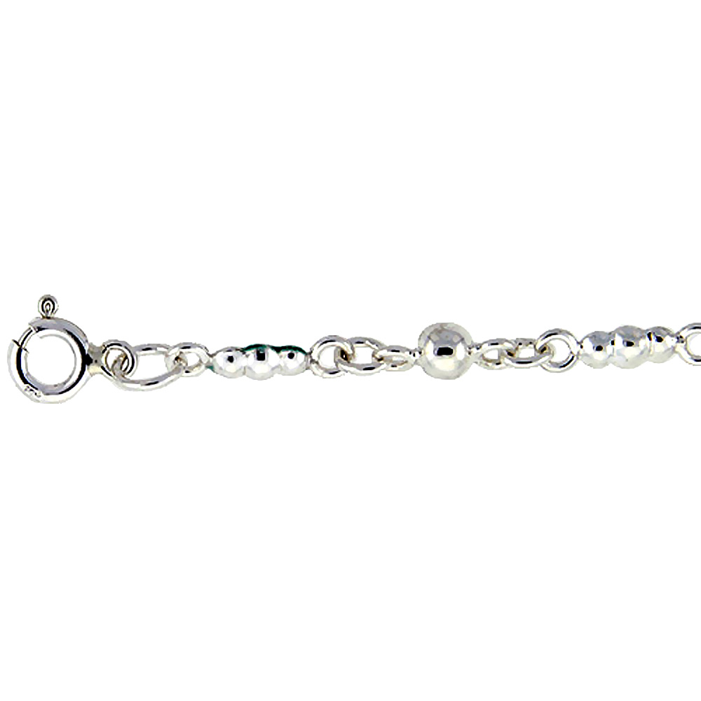 Sterling Silver Anklet with Beads & Balls, fits 9 - 10 inch ankles