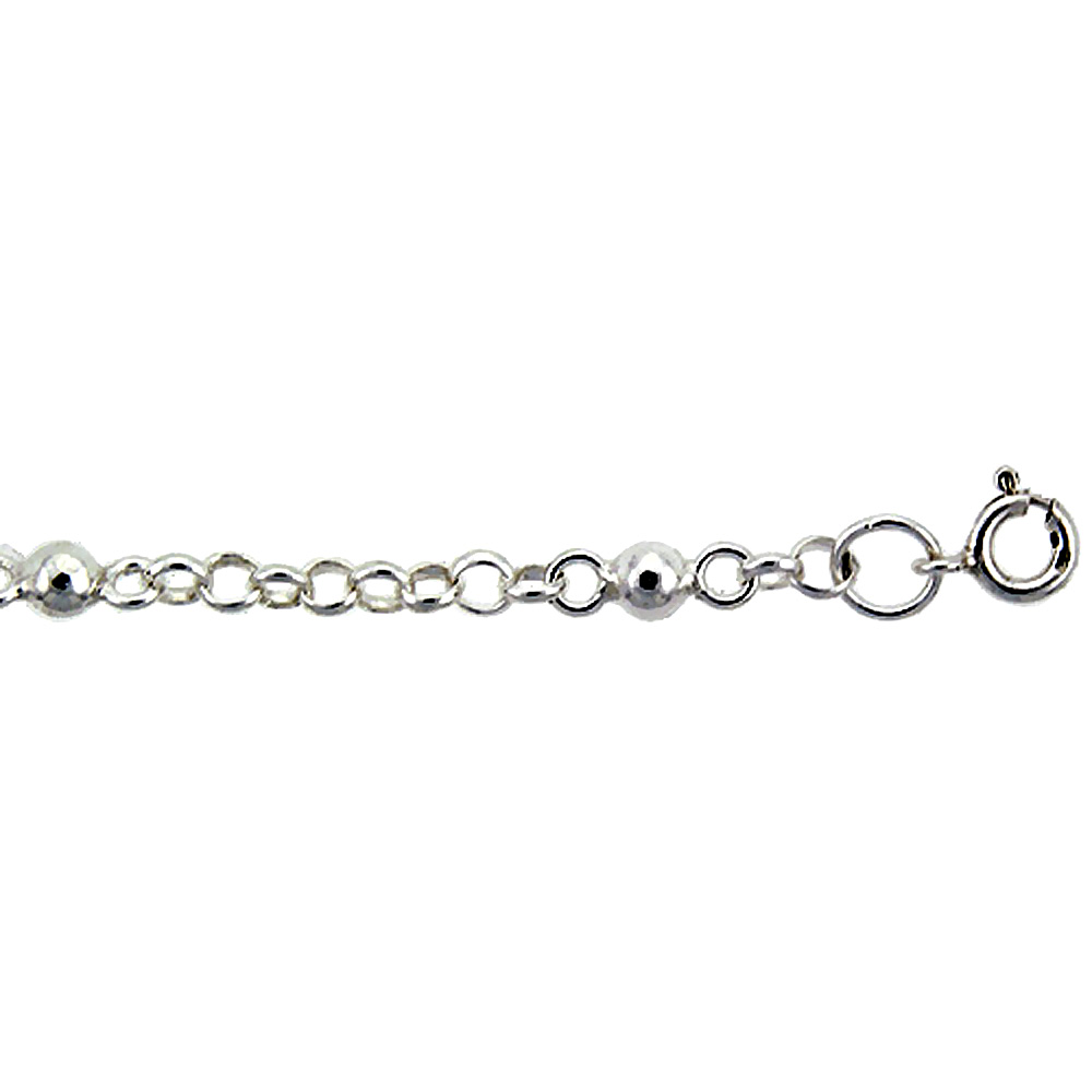 Sterling Silver Anklet with Beads, fits 9 - 10 inch ankles