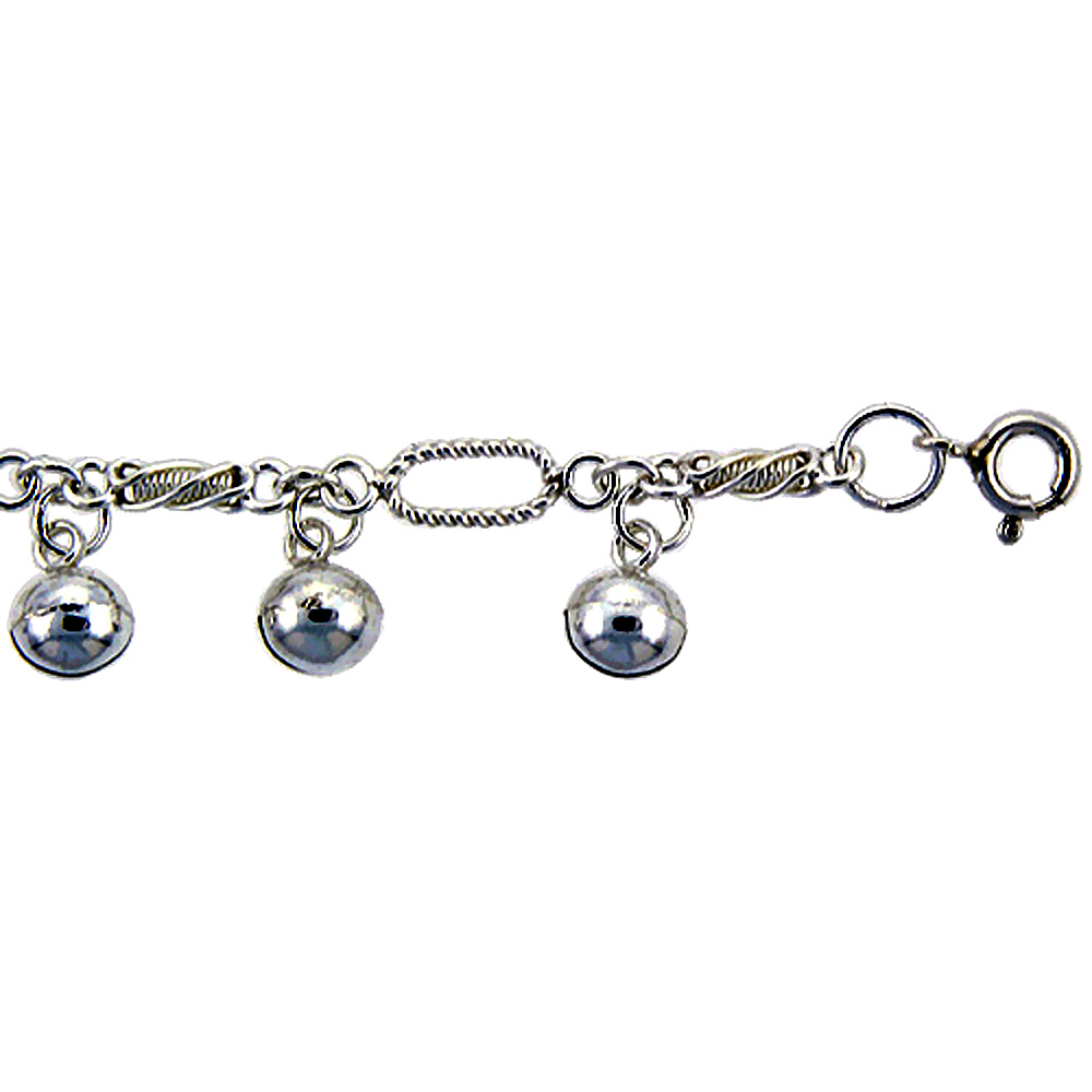 Sterling Silver Fancy Twisted Link Anklet with Bells, fits 9 - 10 inch ankles