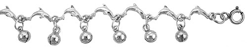 Sterling Silver Anklet with Jumping Dolphins and Bells, fits 9 - 10 inch ankles