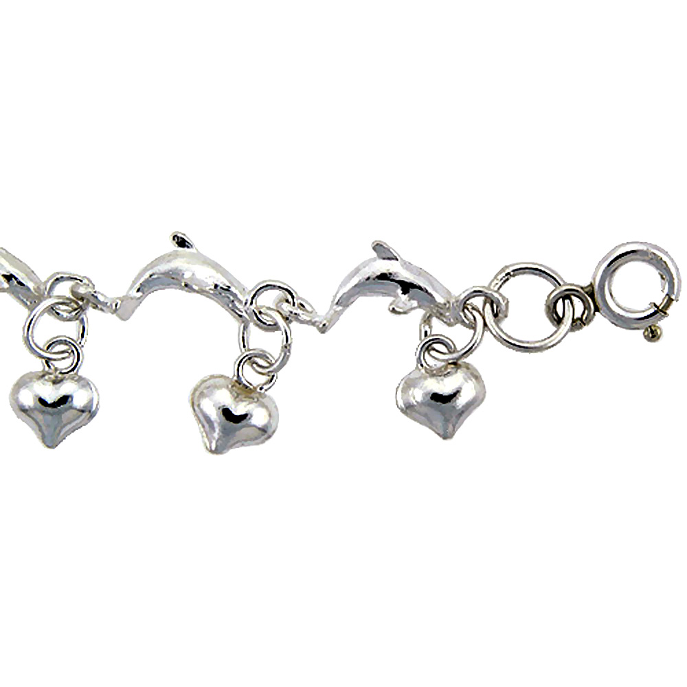 Sterling Silver Anklet with Jumping Dolphins and Teeny Hearts, fits 9 - 10 inch ankles