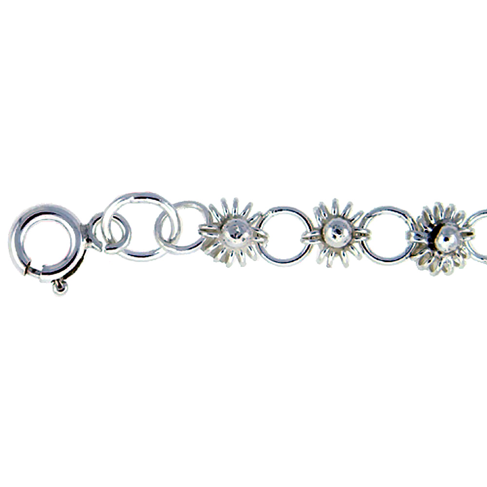 Sterling Silver Anklet with Flowers, fits 9 - 10 inch ankles
