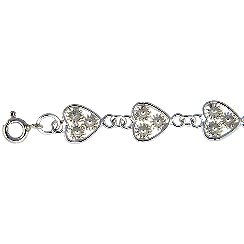 Sterling Silver Anklet with Cut Out Hearts and Flowers, fits 9 - 10 inch ankles