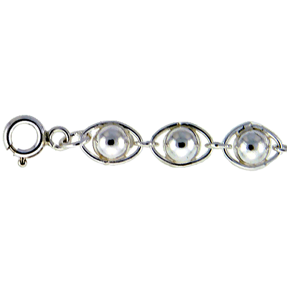 Sterling Silver Anklet with Eye-shaped Beaded Links, fits 9 - 10 inch ankles