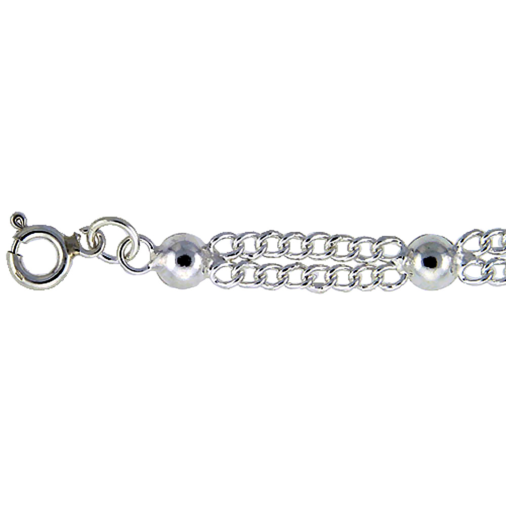 Sterling Silver Double Strand Curb Link Anklet with Half Ball Charms, fits 9 - 10 inch ankles