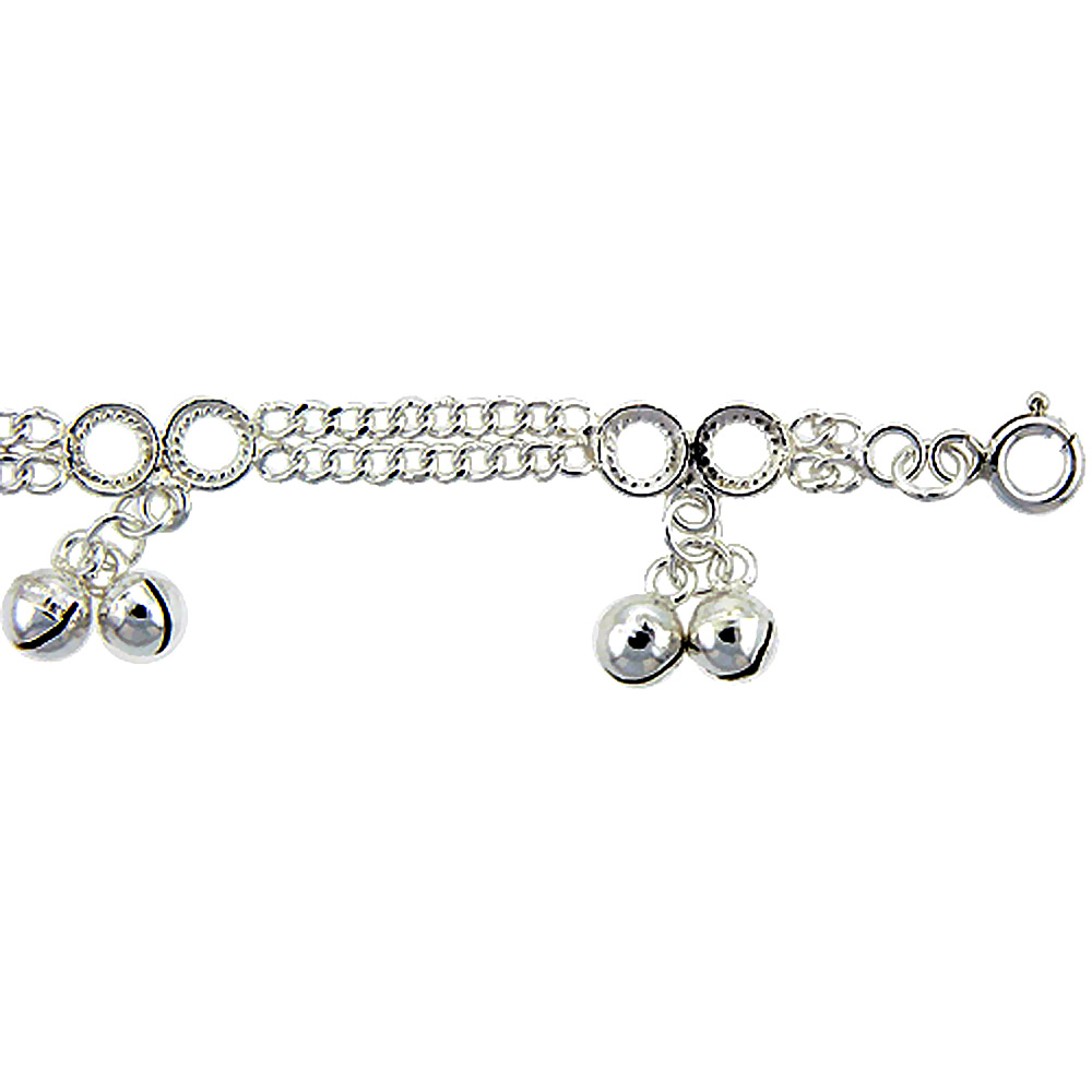 Sterling Silver Double Strand Curb Link Anklet with Bells, fits 9 - 10 inch ankles