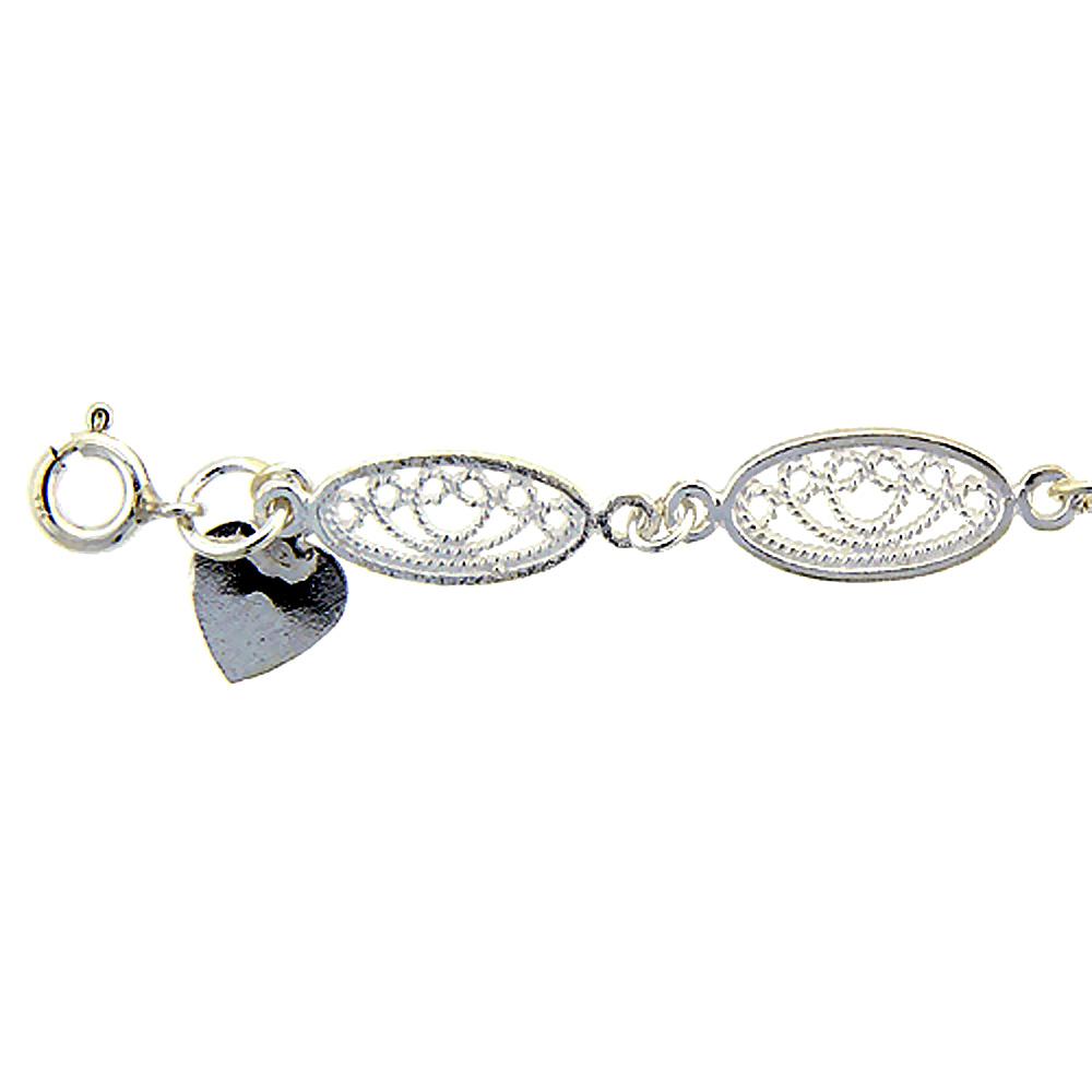 Sterling Silver Anklet with Filigree Oval Links, fits 9 - 10 inch ankles