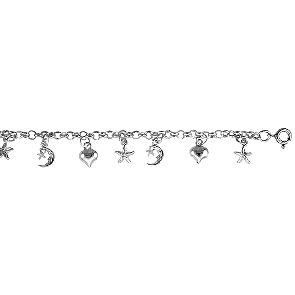 Sterling Silver Anklet with Sun, Moon & Star Charms, fits 9 - 10 inch ankles