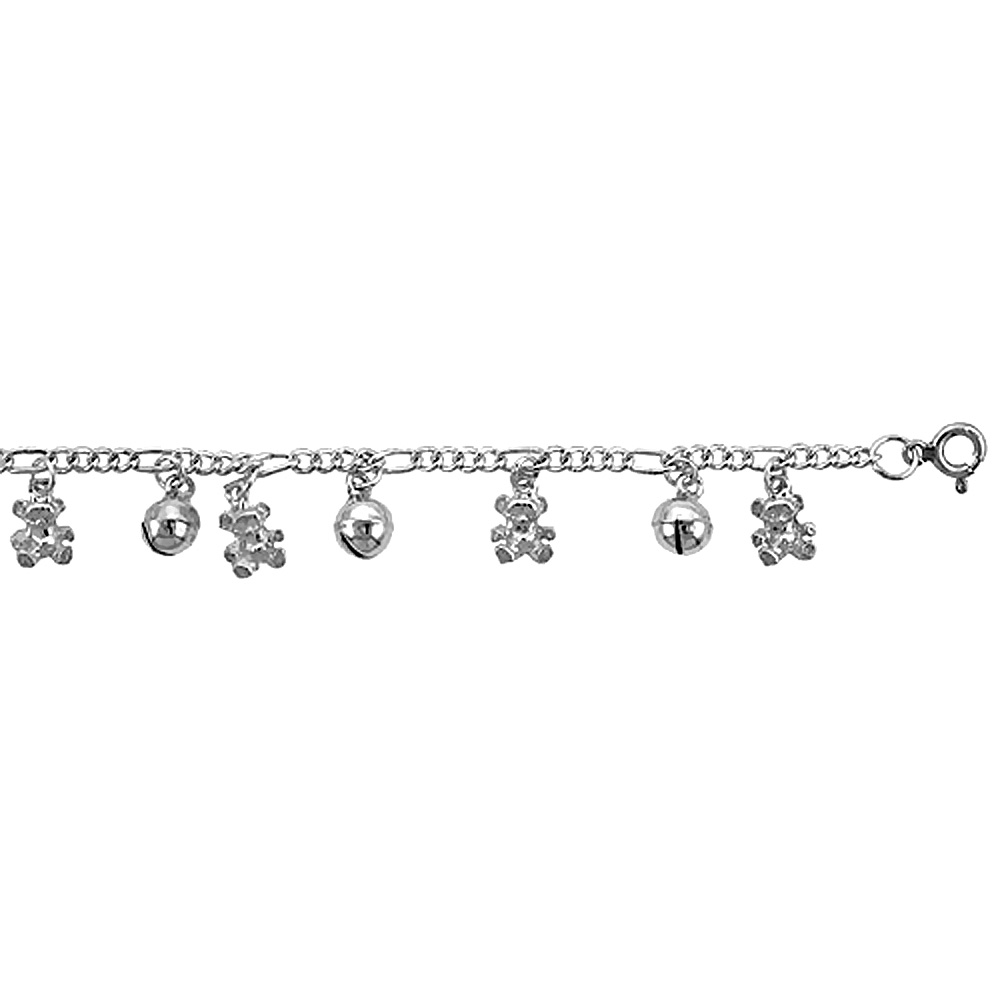 Sterling Silver Figaro Anklet with Teddy Bear &amp; Chime Ball Charms, fits 9 - 10 inch ankles